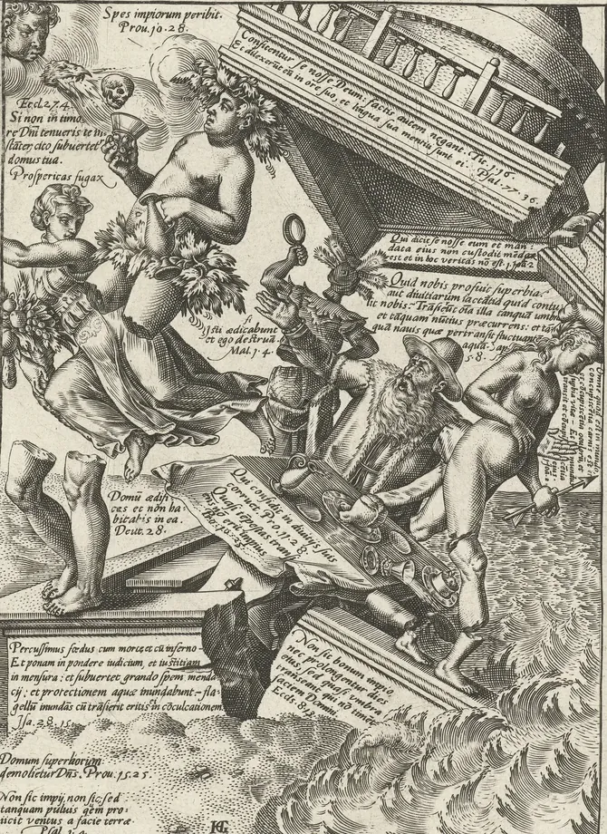 Gravura em preto e branco: um templo redondo com balaustrada tomba sobre um mar revolto; figuras alegóricas despencam entre os blocos, uma delas coroada de folhas ergue uma taça, um velho barbudo de chapéu grita. Faixas com inscrições em latim cruzam a cena.
