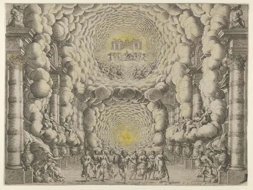 Gravura colorida em tons de sépia e amarelo: um palco em perspectiva, com colunas altas nos dois lados e grandes nuvens que se abrem como um túnel até um palácio distante, sob um foco de luz dourada; figuras dançam em primeiro plano.