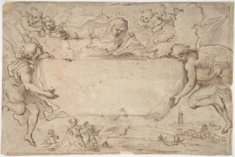 Desenho a pena e aguada marrom sobre papel: no alto, a Virgem de véu e auréola, entre nuvens e querubins, olha para baixo; dois anjos de asas abertas, um de cada lado, seguram uma grande tábua retangular vazia; embaixo, bem pequenos, aparecem devotos ajoelhados junto à água, um barco com dois remadores e uma torre ao longe.