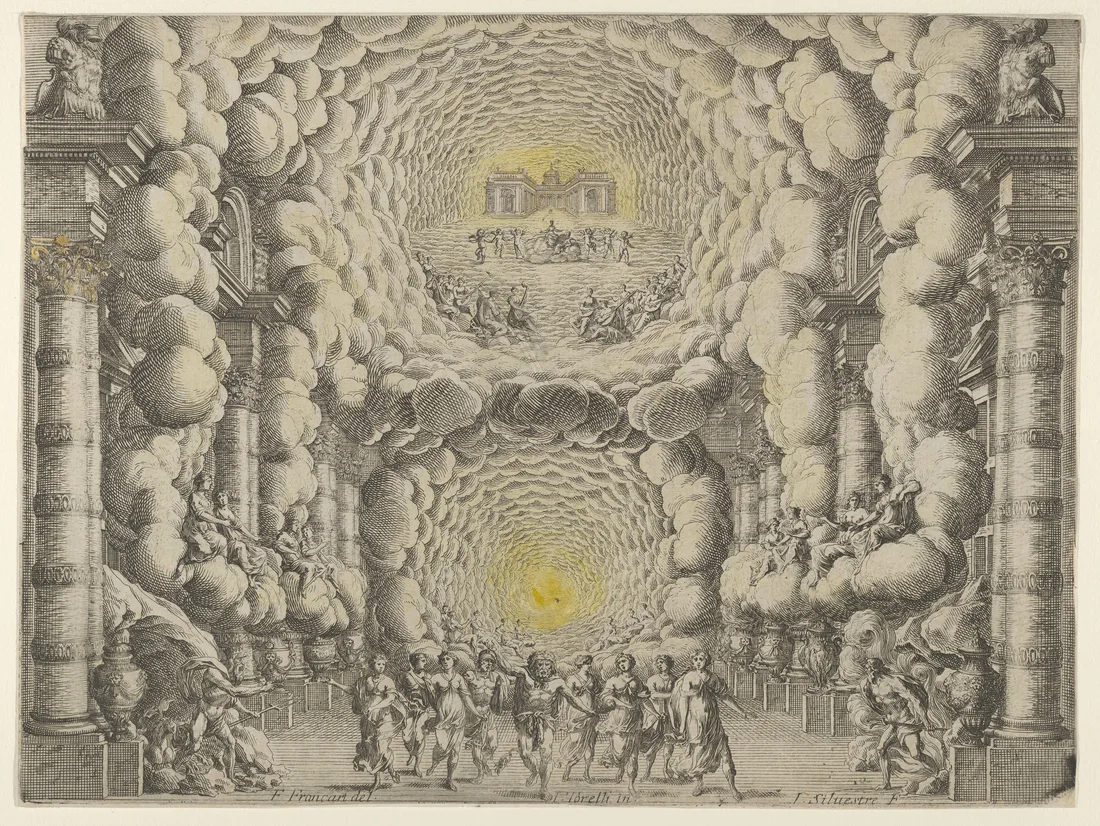 Gravura colorida em tons de sépia e amarelo: um palco em perspectiva, com colunas altas nos dois lados e grandes nuvens que se abrem como um túnel até um palácio distante, sob um foco de luz dourada; figuras dançam em primeiro plano.