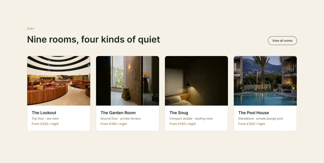Seção de quartos: rótulo STAY, título Nine rooms, four kinds of quiet, botão View all rooms e quatro cartões com foto, nome, descrição e preço