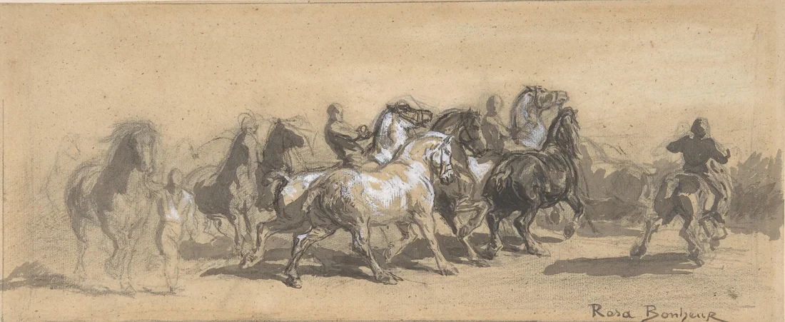 Desenho a giz preto e aguada cinza, com realces de branco, sobre papel cor de creme: cavalos brancos e escuros em movimento, conduzidos por homens, traçados com linhas rápidas; a assinatura Rosa Bonheur aparece no canto inferior direito.